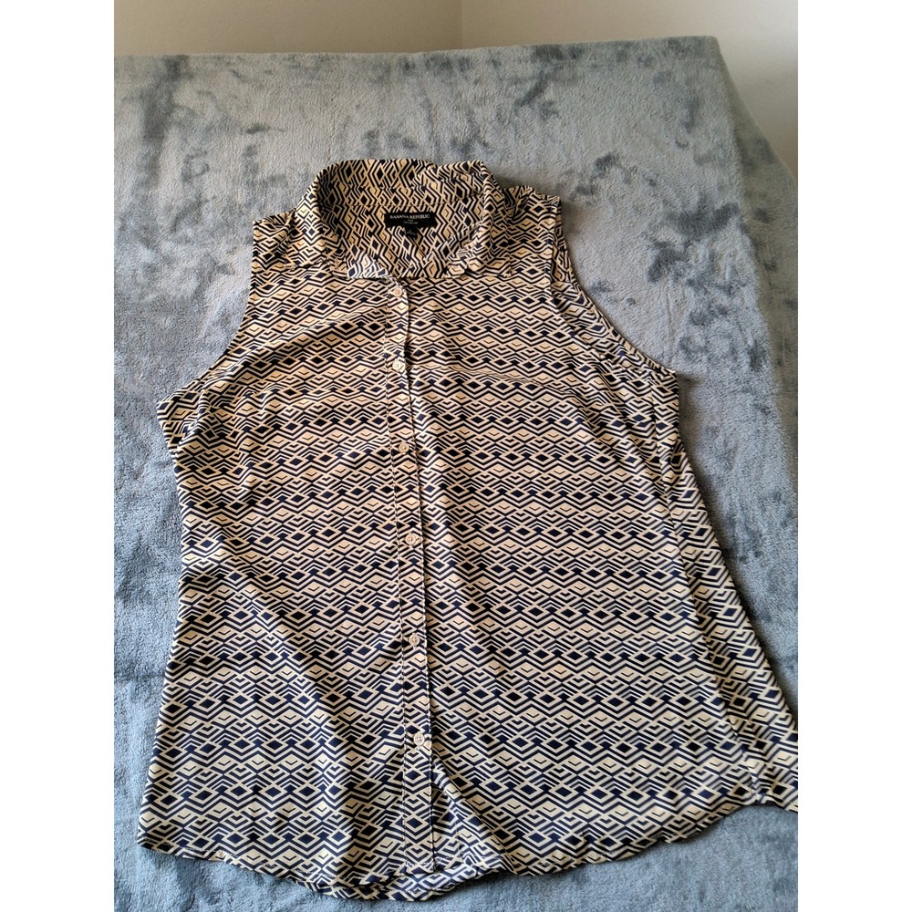 Banana Republic Womens Sleeveless Button Down Blouse Geometric‎ Blue Tan Large